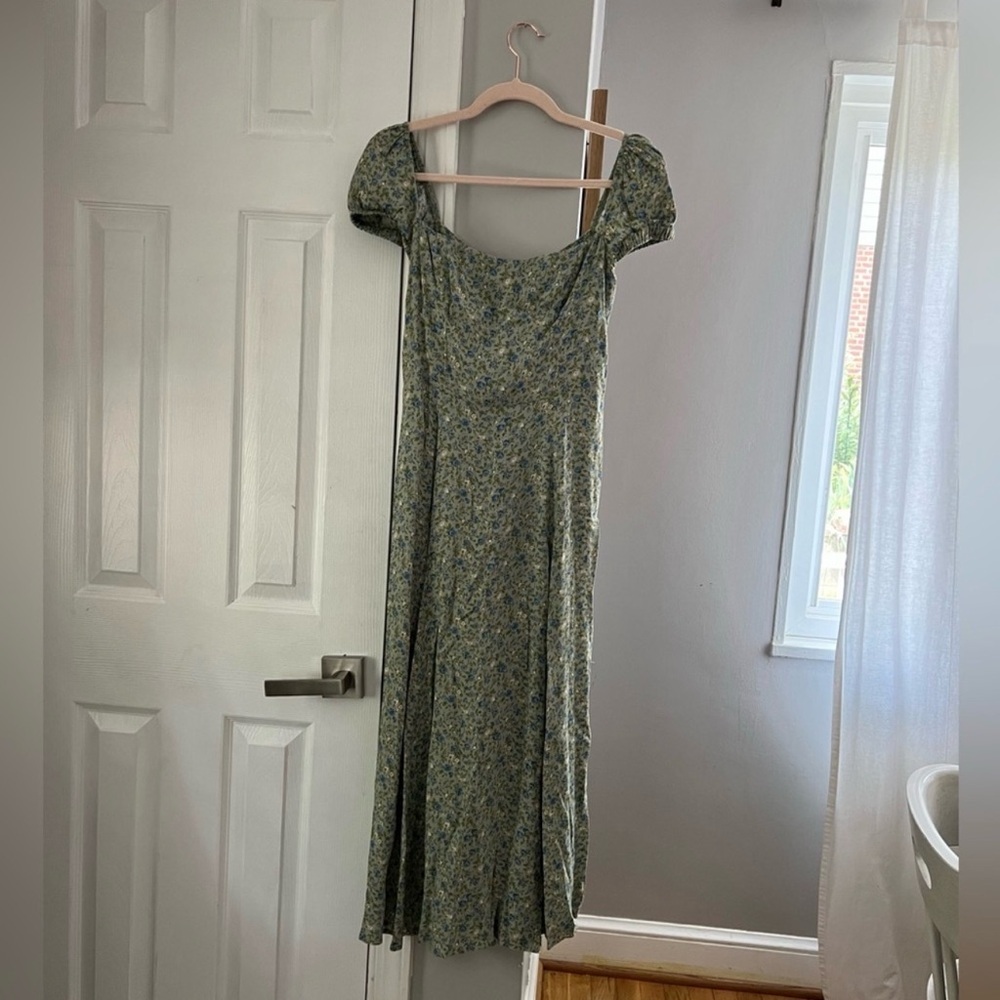 Reformation Green Ditsy Floral Square-Neck Side Slit Midi Dress